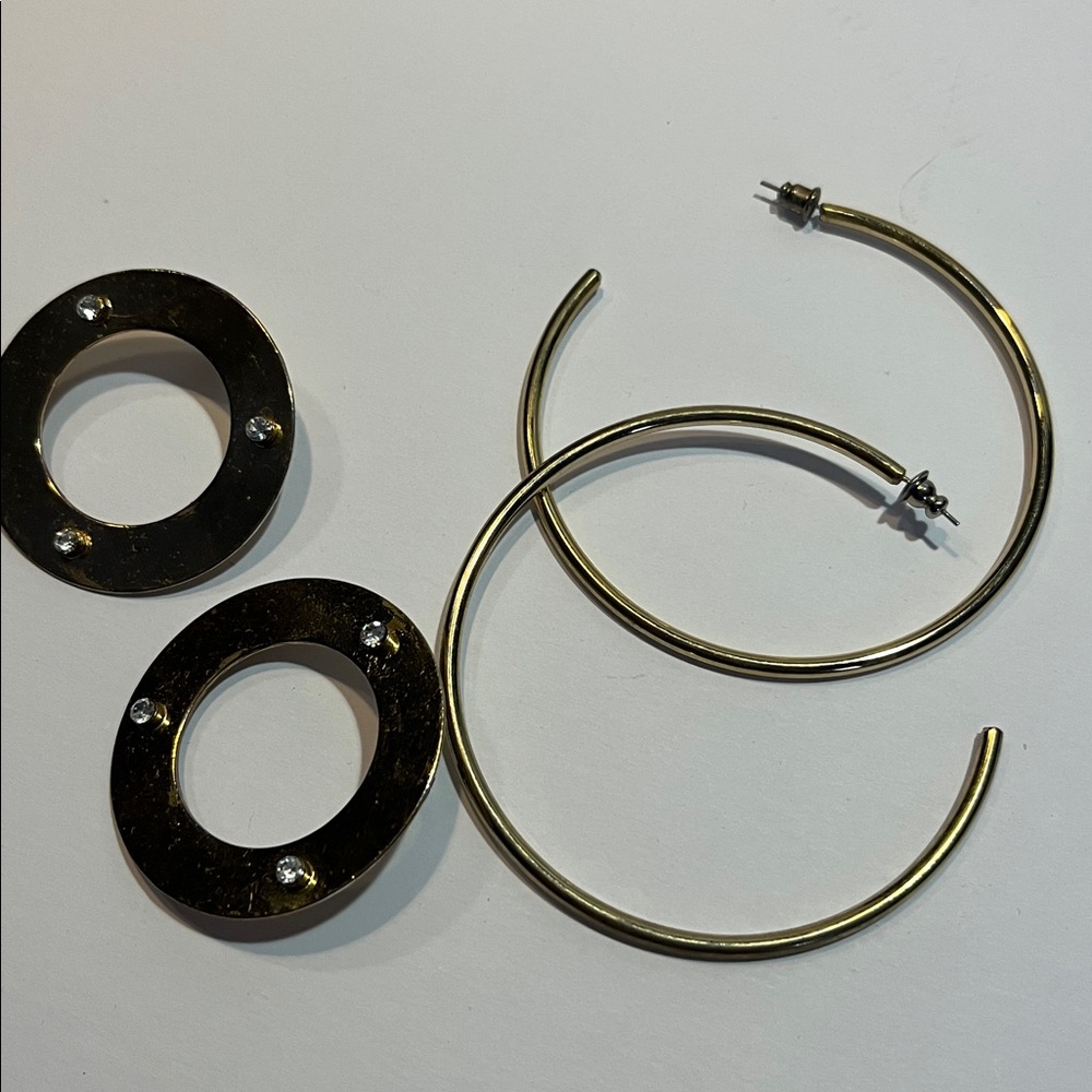 2 pairs of preloved gold earrings-3inch hoops & flat round circle